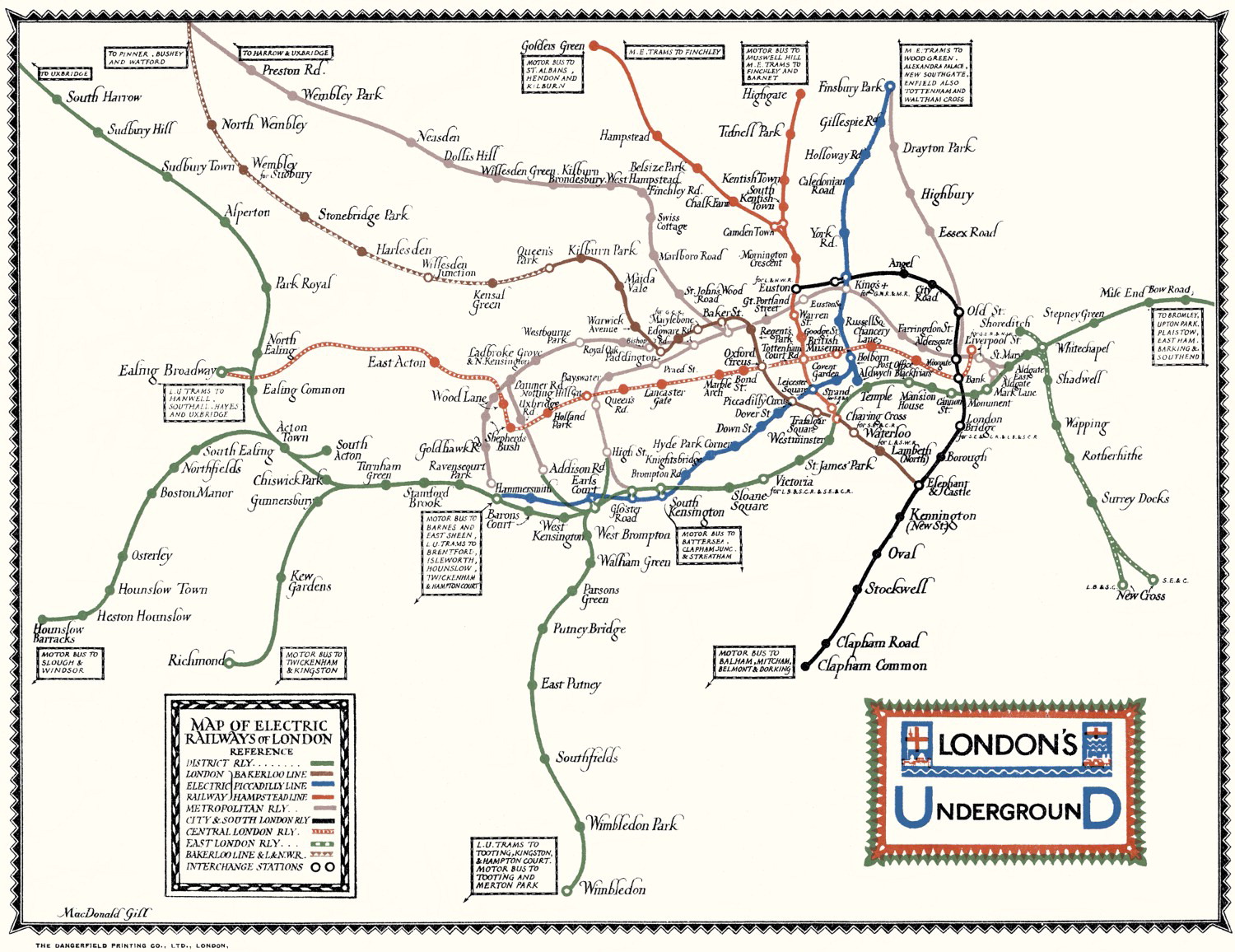 1922 London Underground map by Macdonald Gill. This map removed surface detail to focus on the transit lines.