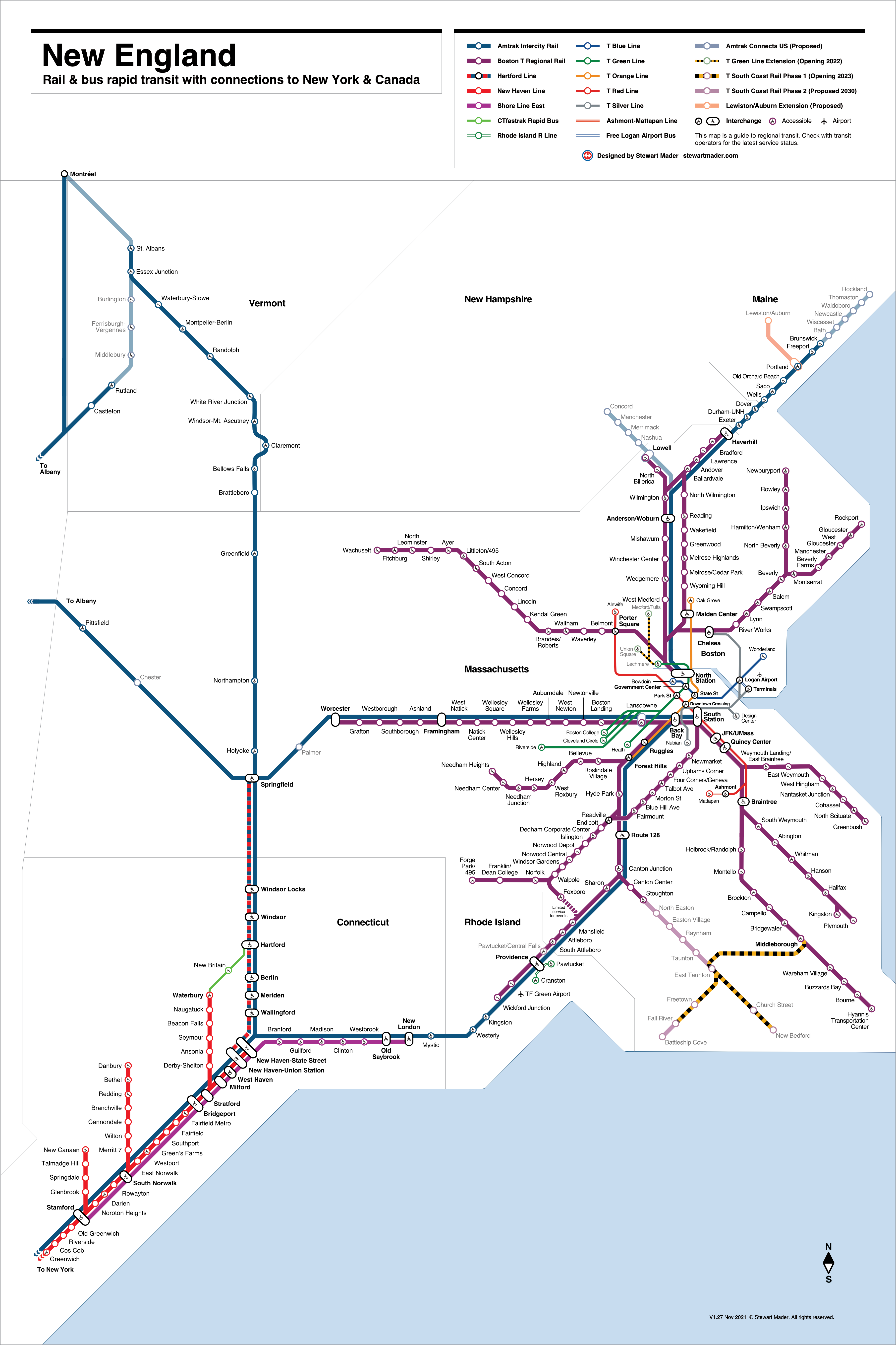 New England Transit Map - Comprehensive rail and bus rapid transit map for New England, with connections to New York and Canada, by Stewart Mader